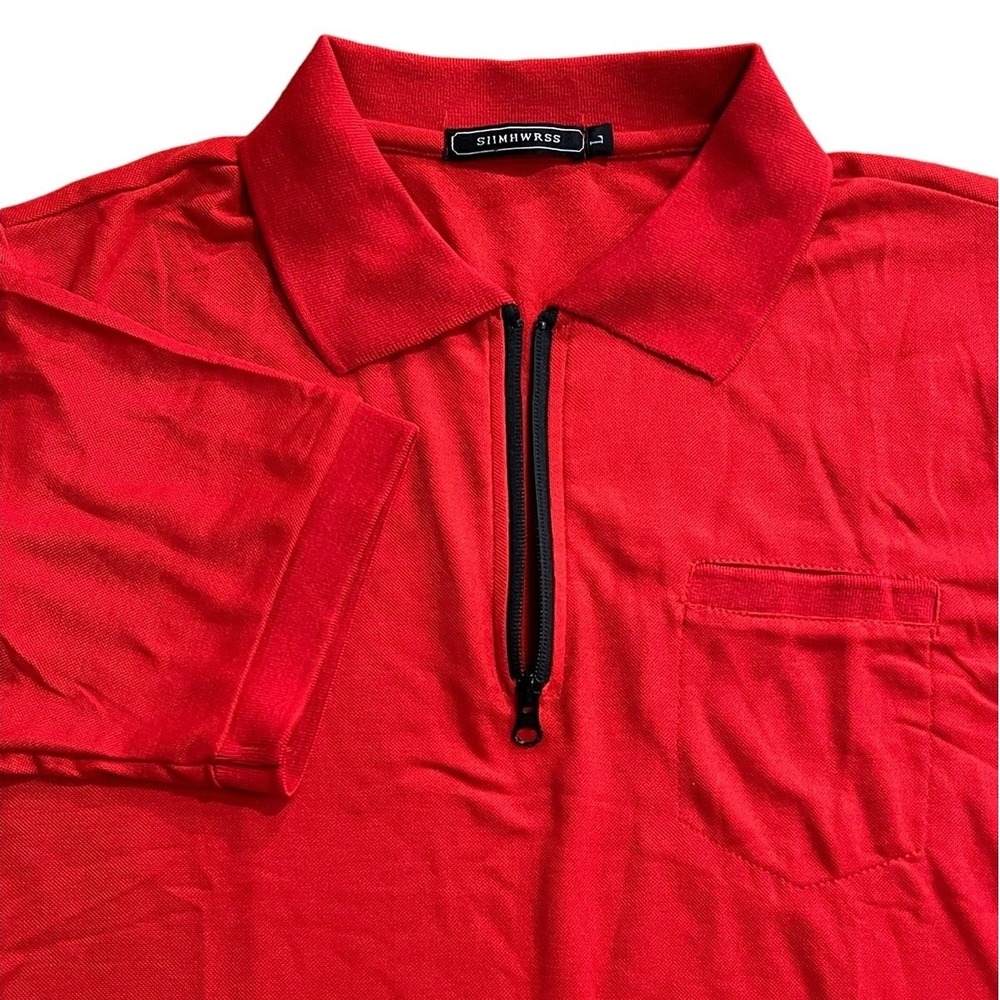SIIMHWRSS Zip Polo Shirt Mens Large Red Quarter Zip Pocket Nautical Casual Sport